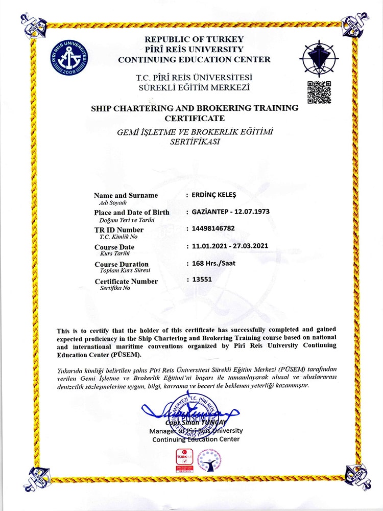 SHIP MANAGEMENT and BROKERING AUTHORITY CERTIFICATE